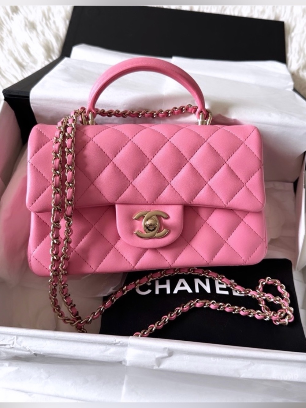 CHANEL 23P Mini Top Handle Pink Lambskin Classic Bag Gold Hardware NIB RARE